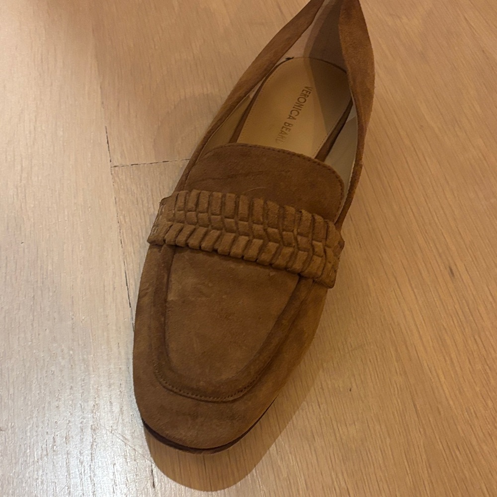 Veronica Beard Tan Suede Woven-Trim Loafers